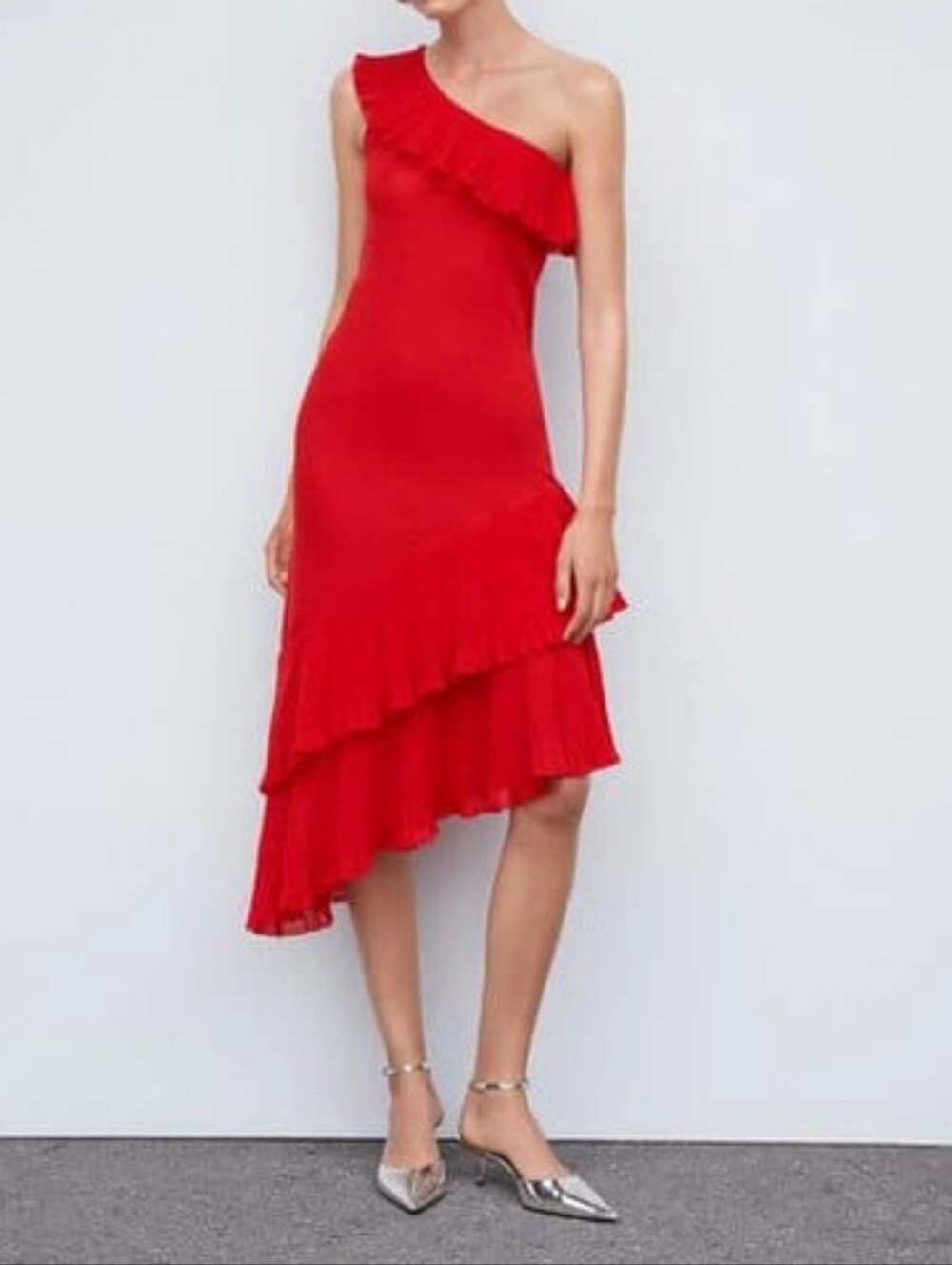Mango Cocktail 'Oley' Textured One-Shoulder Red Ruffle Midi Dress